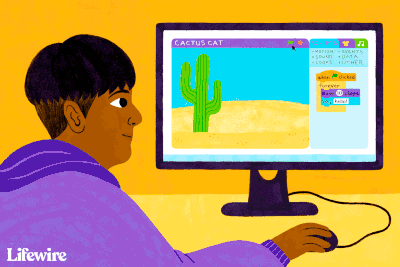 Criança programando em um computador com ferramentas visuais