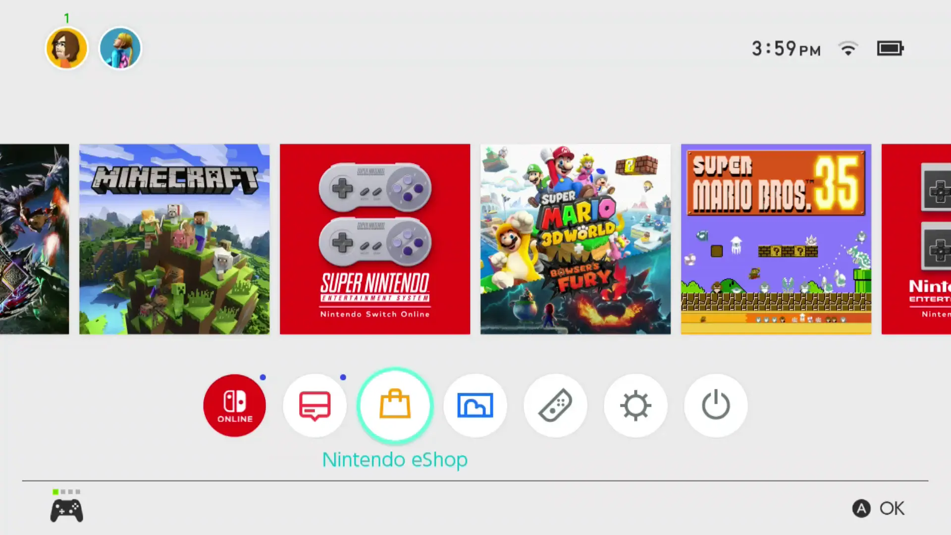 Nintendo eShop em destaque na tela inicial do Nintendo Switch.
