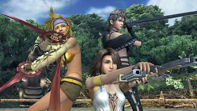 Yuna, Rikku e Paine em Final Fantasy X-2 HD para PS4.
